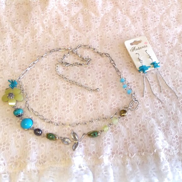 Vintage NEW Andante Handmade Teal Blue Green Beads Silver Necklace & Earrings - Picture 6 of 9